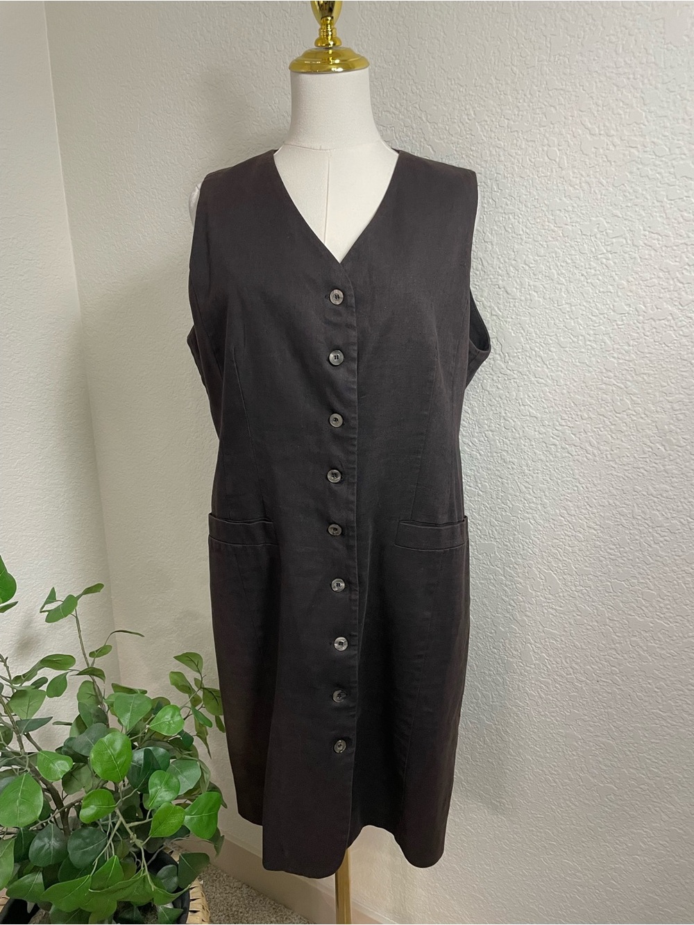 Compagnie Internationale Express Linen Blend Button Front Midi Dress 13/14 Brown